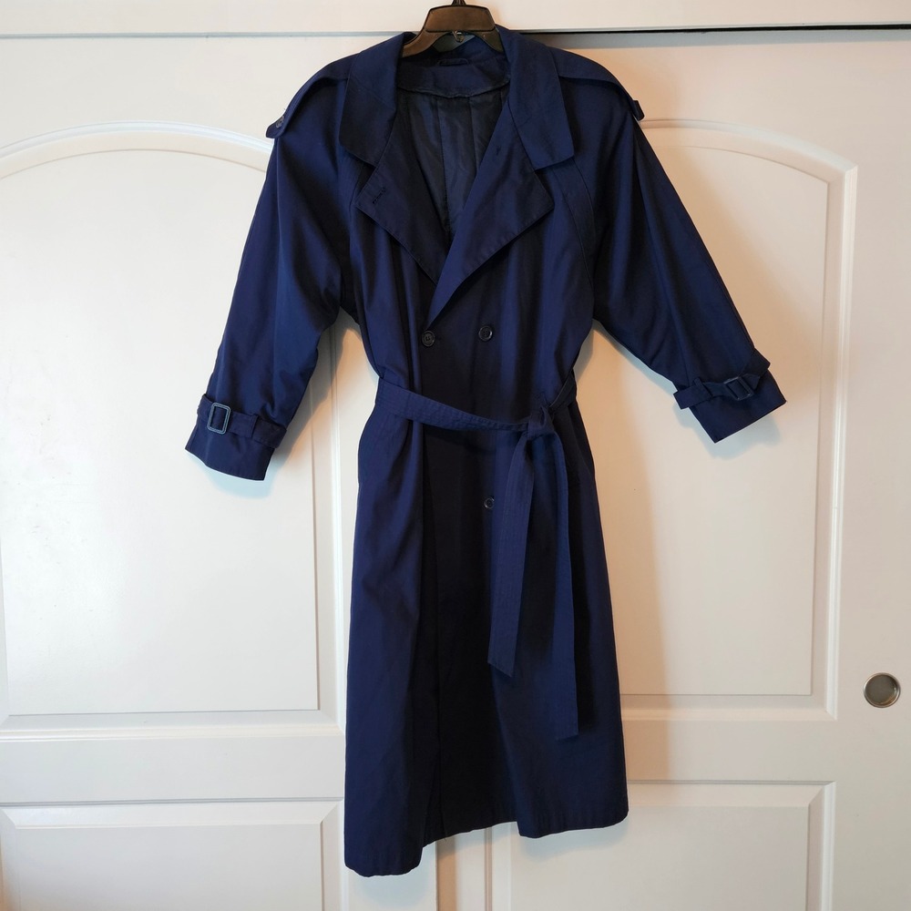 Vintage Navy Blue Trench Coat Womens XLG Belted Double Breasted Heritage Preppy